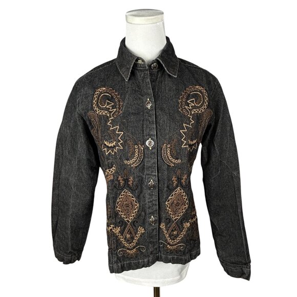 Chico's Black Denim Jacket XS 0 Embroidered Beaded Cropped Boho Western Vintage - Picture 2 of 16